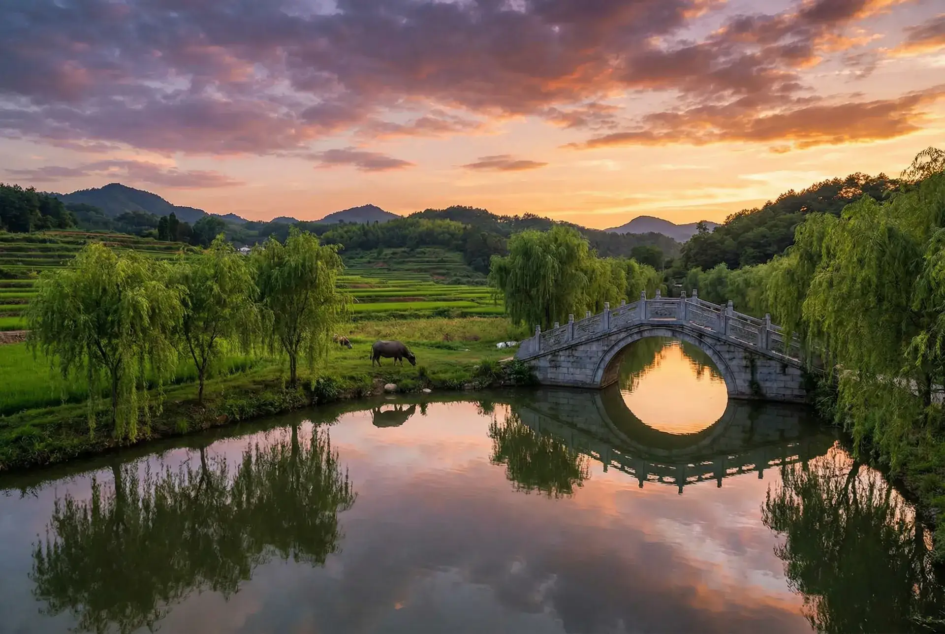 夕阳下的石拱桥与垂柳，水牛在河边吃草 - 龙马文化线上文学城 乡村美景